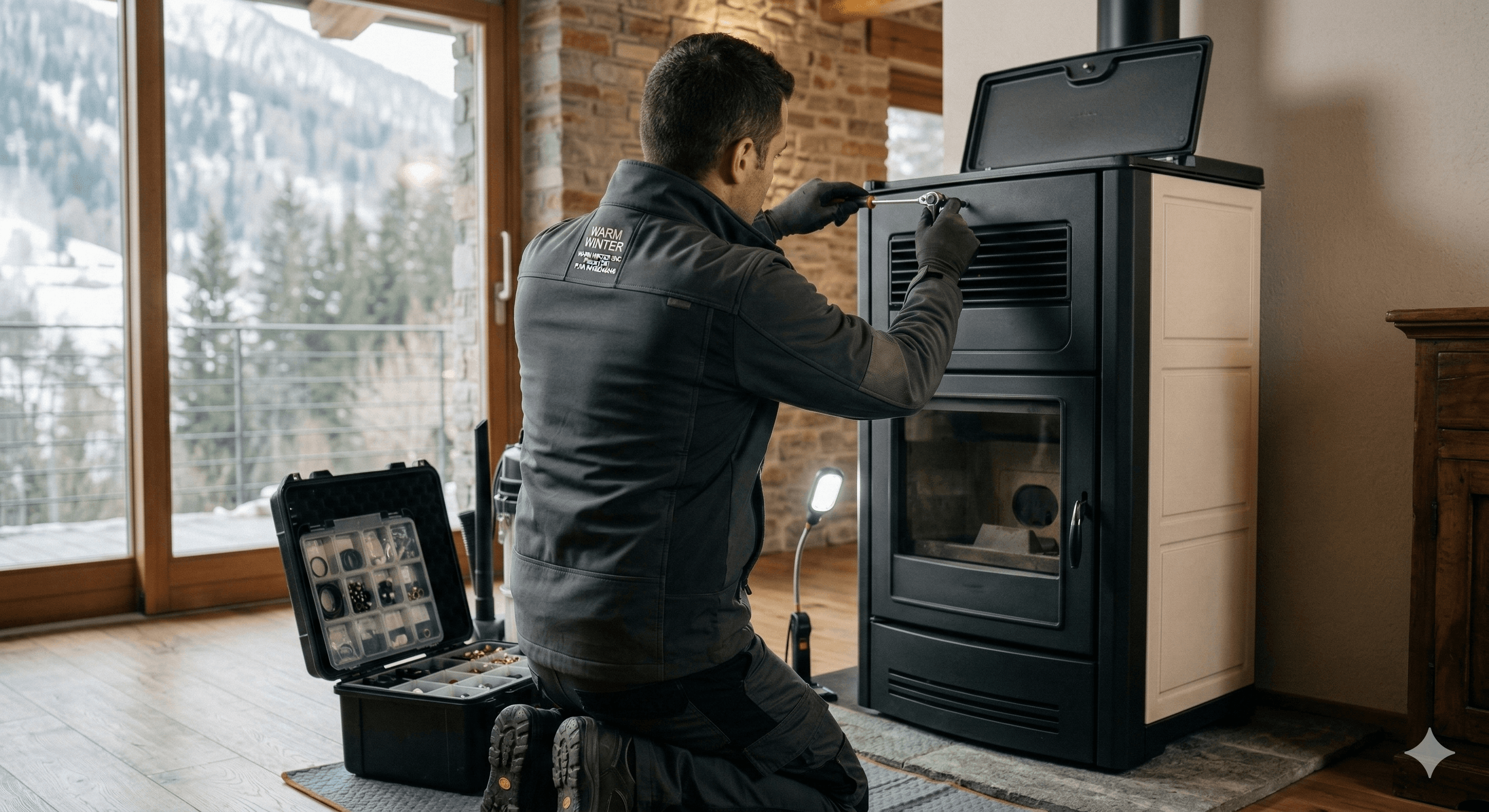 Tecnico specializzato ripara una stufa a pellet nera in un soggiorno moderno con vista neve.
