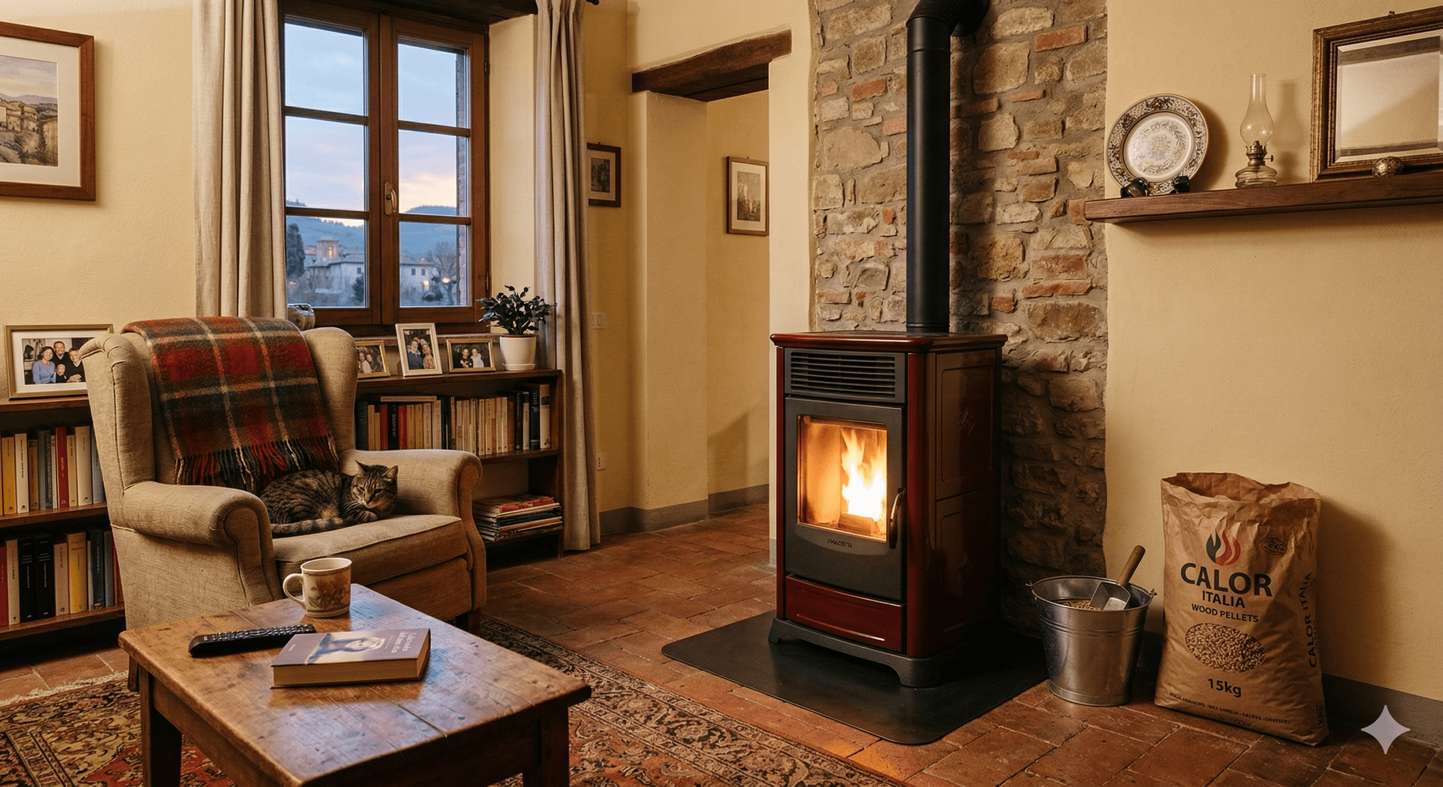 Soggiorno accogliente con stufa a pellet accesa, gatto su poltrona e vista serale dalla finestra.